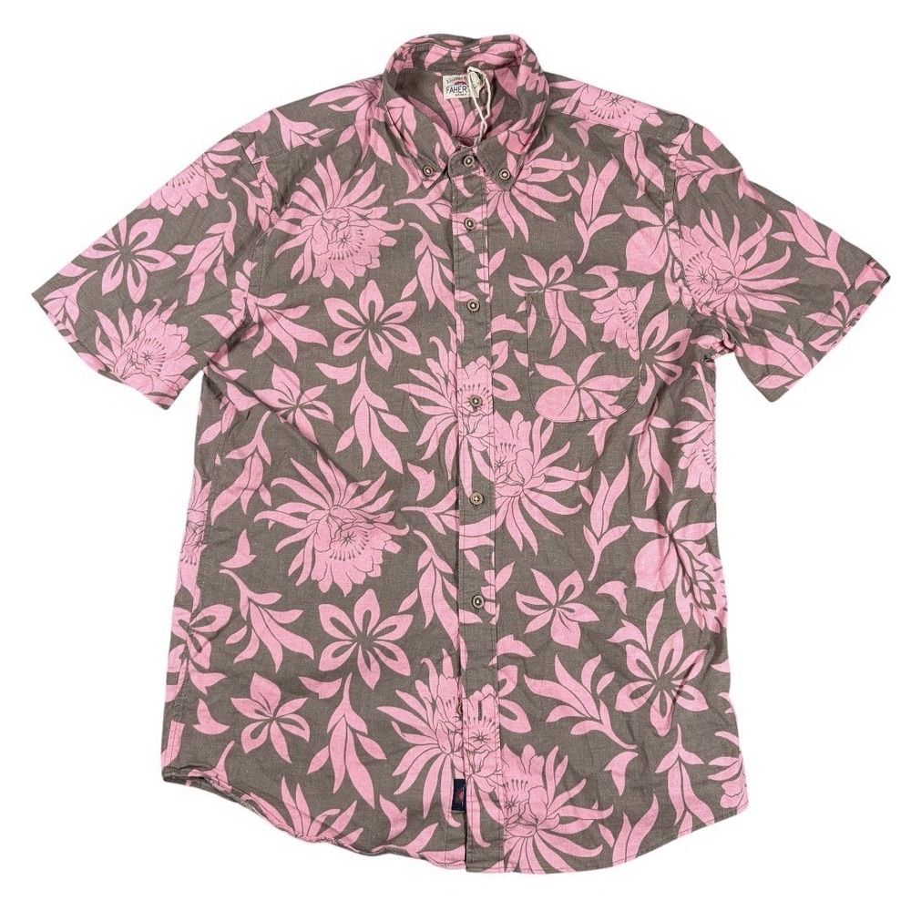 Faherty Men's Sz M Short Sleeve Button Down Pink Shirt Floral Hemp Hawaiian